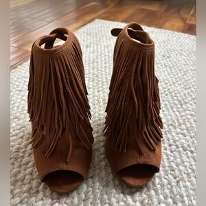 Nine West Fringe Suede Peep-Toe Booties - Brown